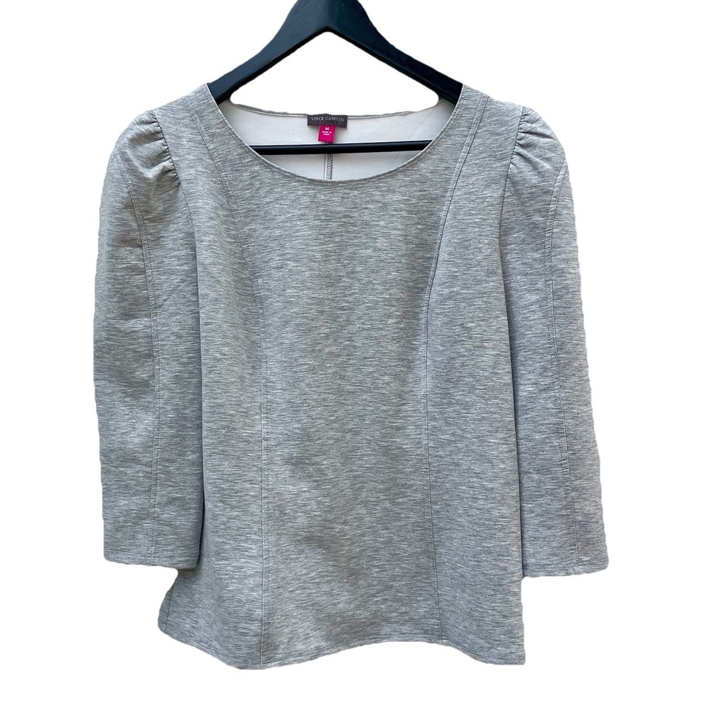 Vince‎ Camuto Womens Grey Heather Puff Shoulder 3/4 Sleeve Knit Top Size M